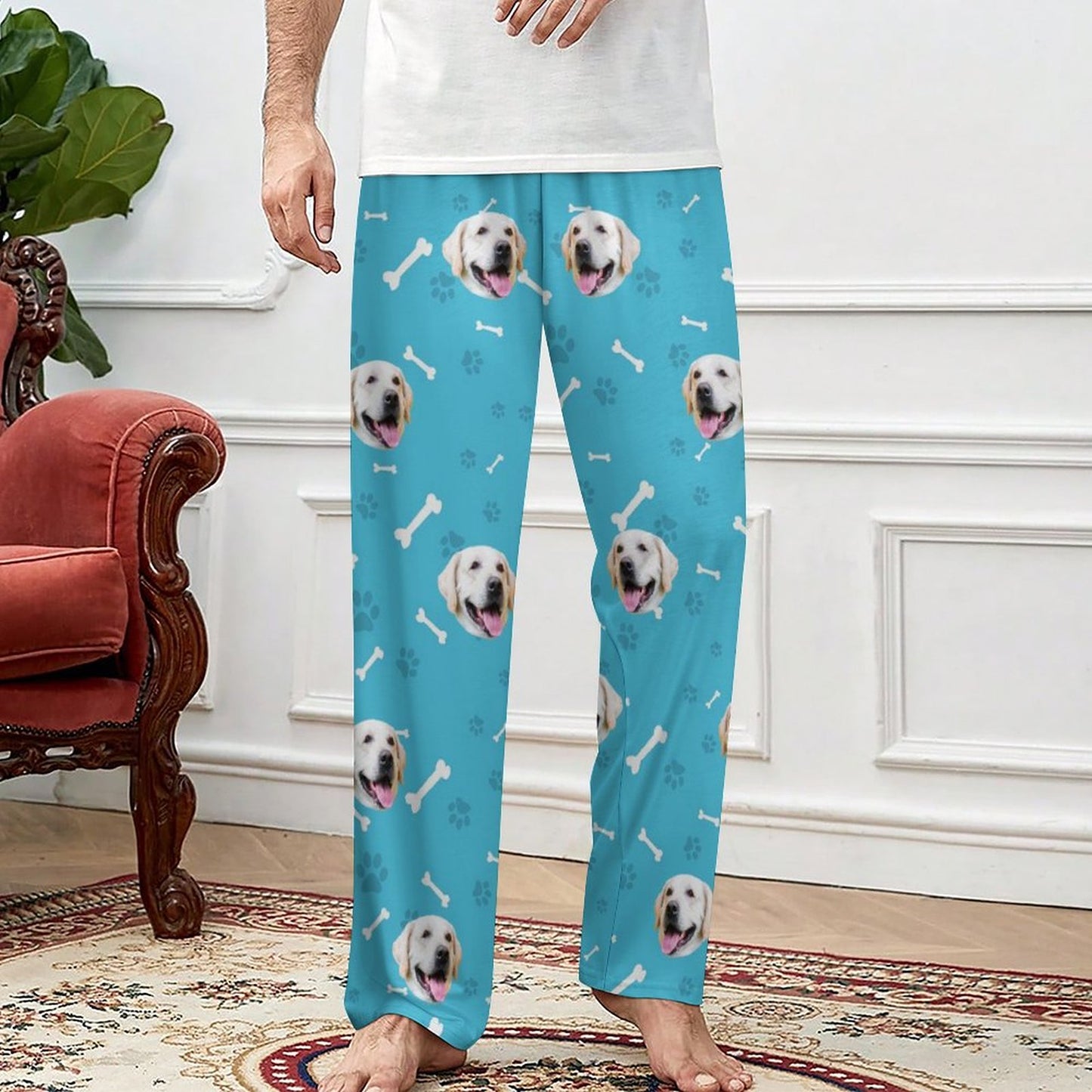 Front Show of Personalized Dog Pajama Pants Cats or Dogs Face on Pants