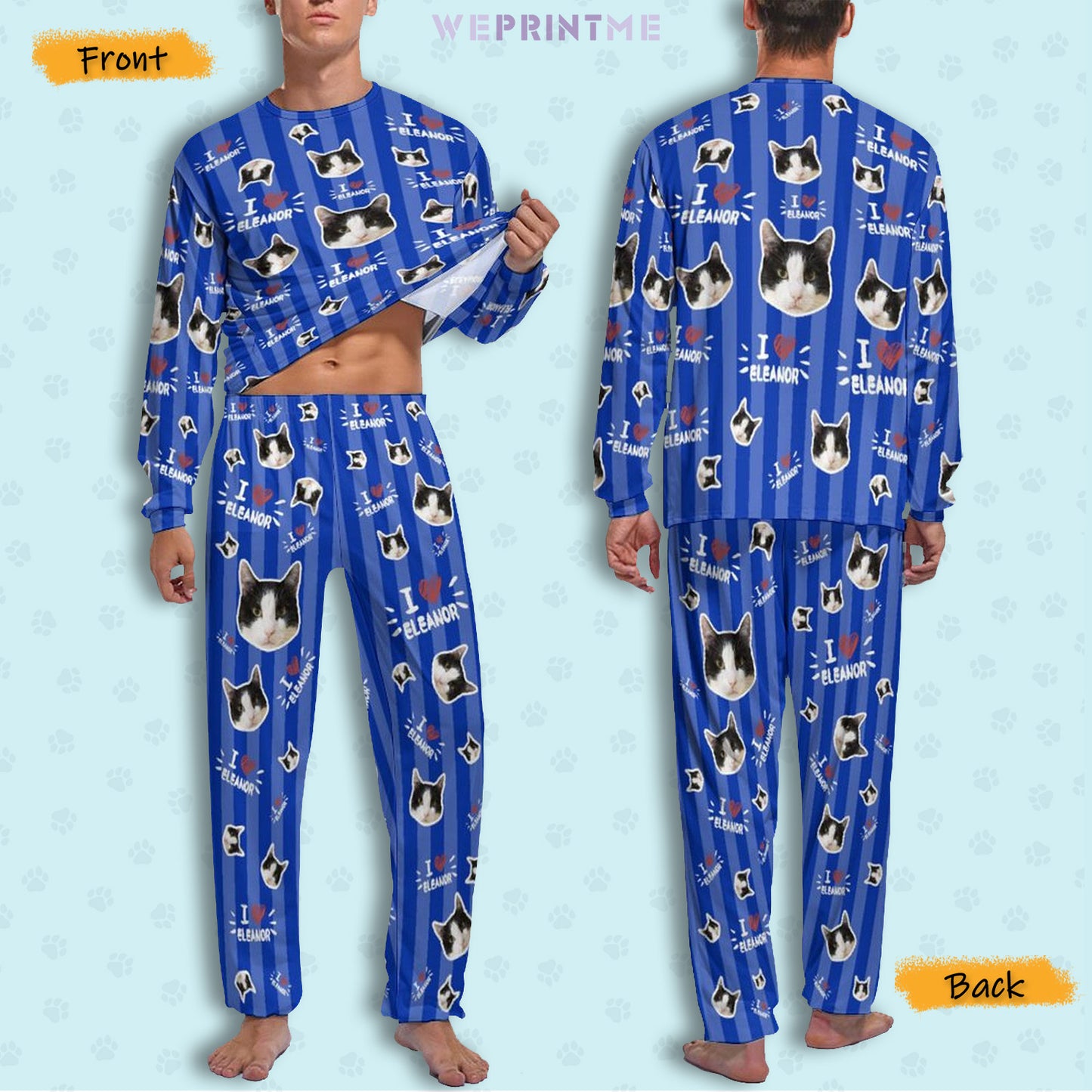 Custom Pet Face and Name Stripe Men's Long Pajama Set