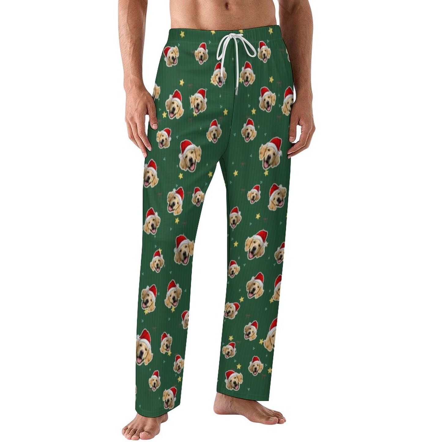 Custom Pet Face Green Stars Santa Pajama Pants-Style1 Men-WEPRINTME