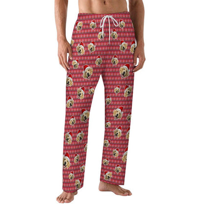 Custom Pet Face Everywhere Red Stripe Pajama Pants-Men-WEPRINTME