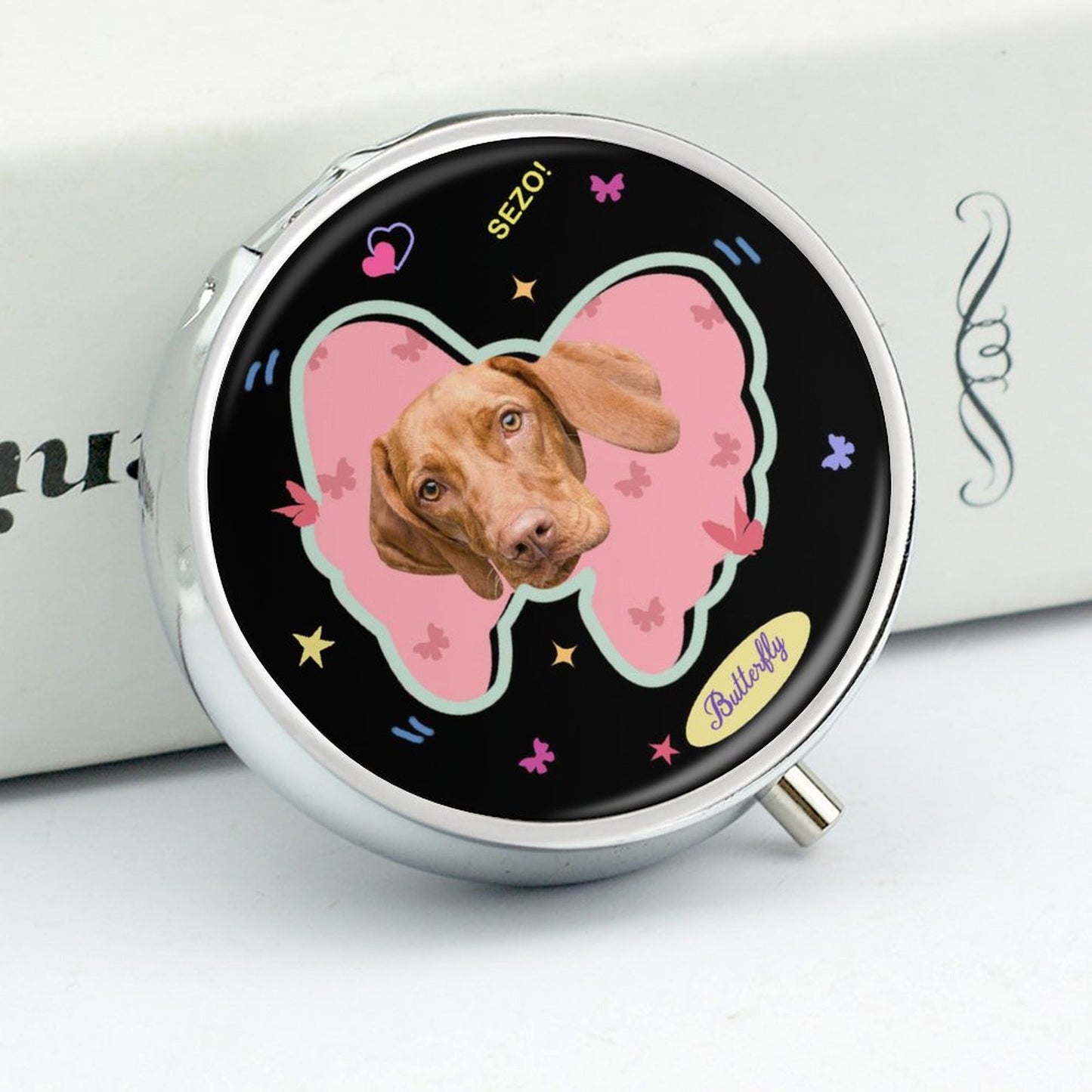 Custom Pet Face Butterfly Round Pill Box