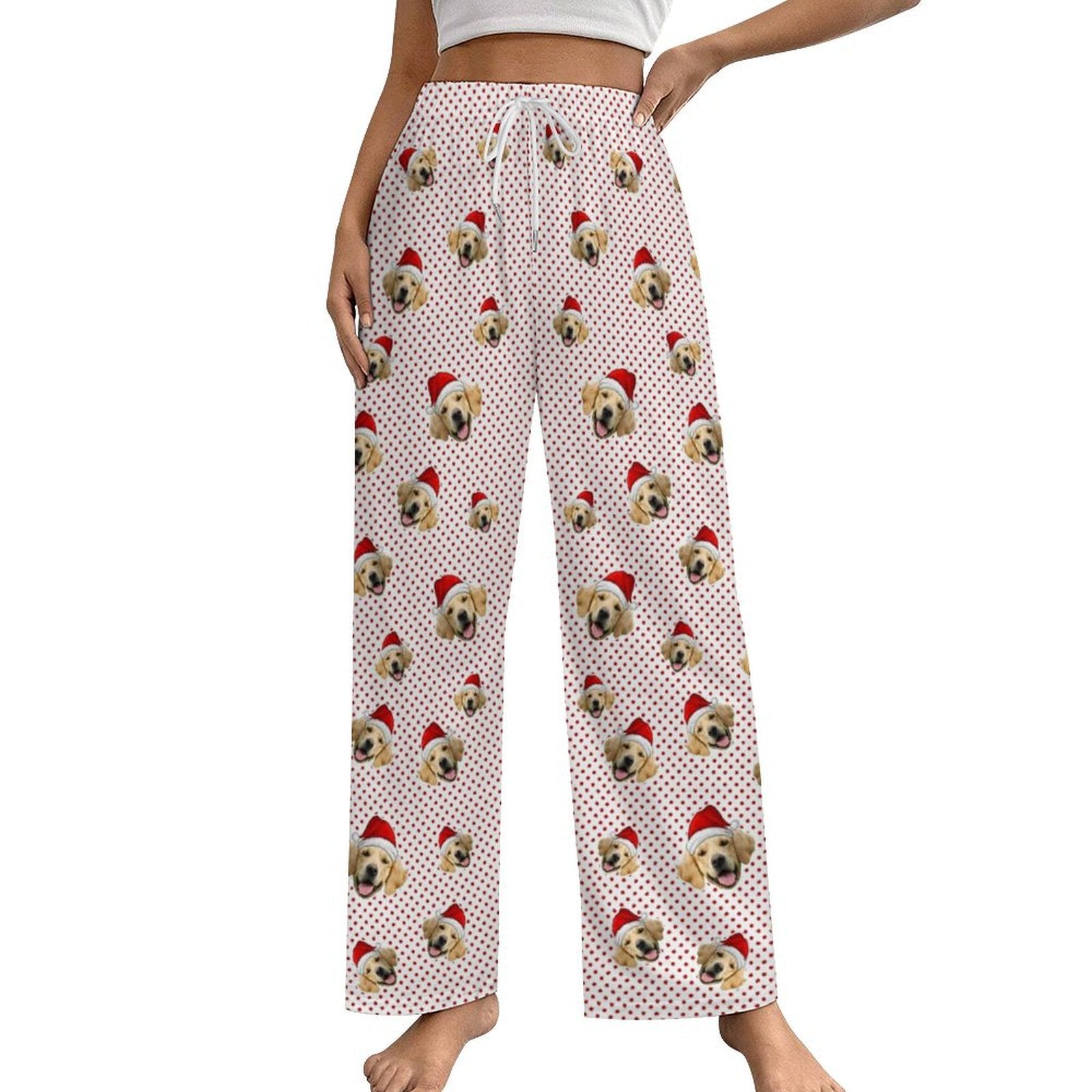 Custom Pet Face Everywhere Red Dots Pajama Pants-Women-WEPRINTME