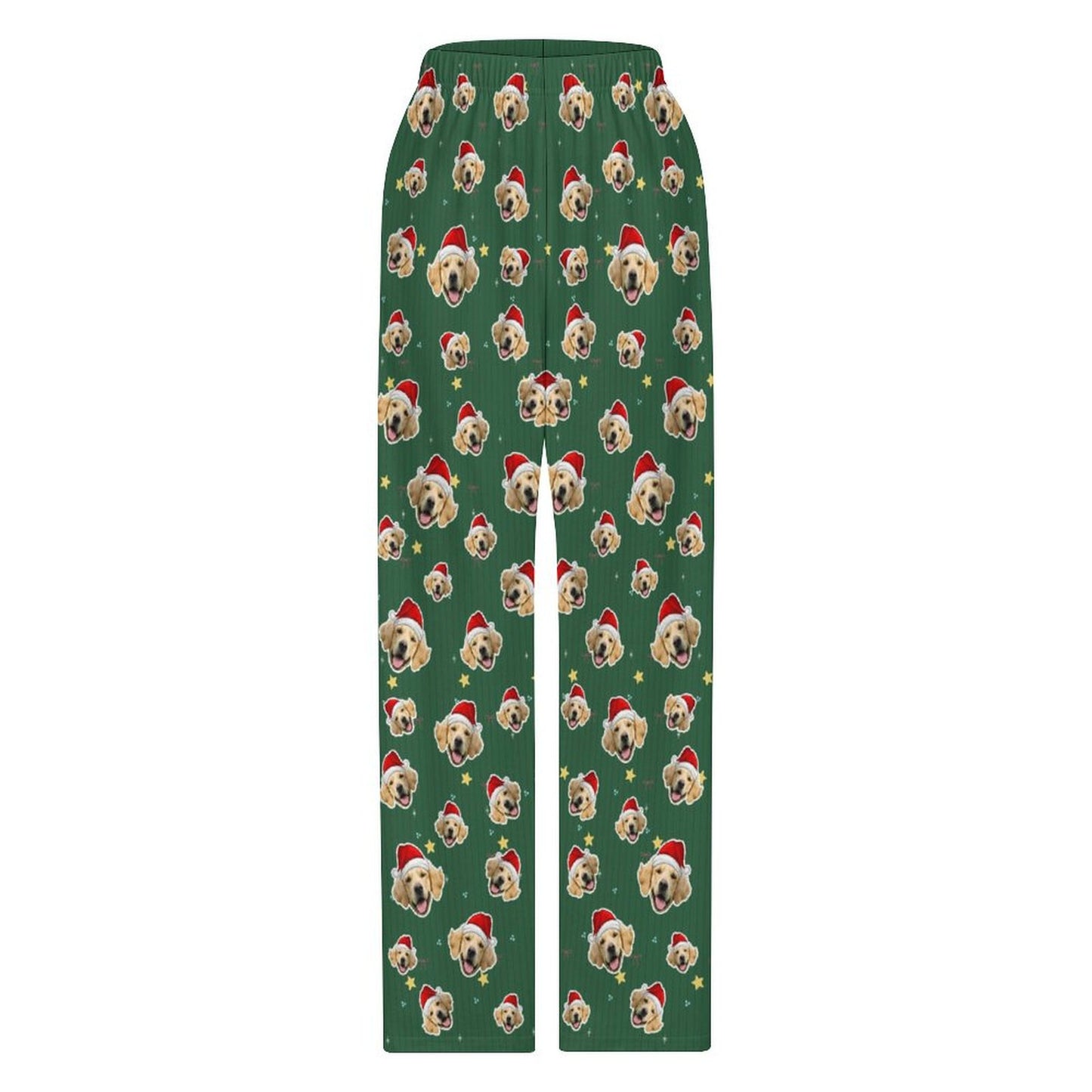 Custom Pet Face Green Stars Santa Pants for Kids-Front1-WEPRINTME