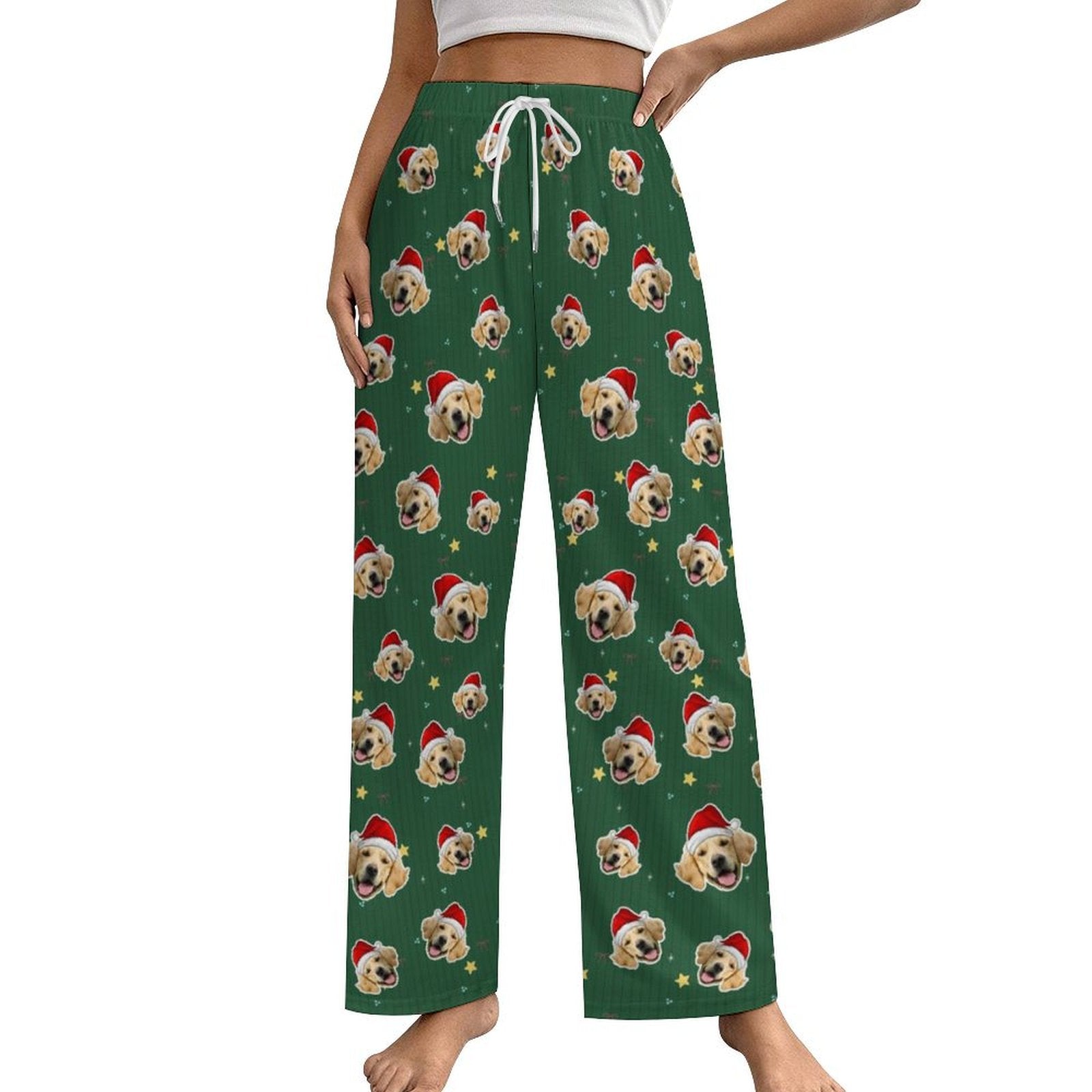 Custom Pet Face Green Stars Santa Pajama Pants-Style1 Women-WEPRINTME