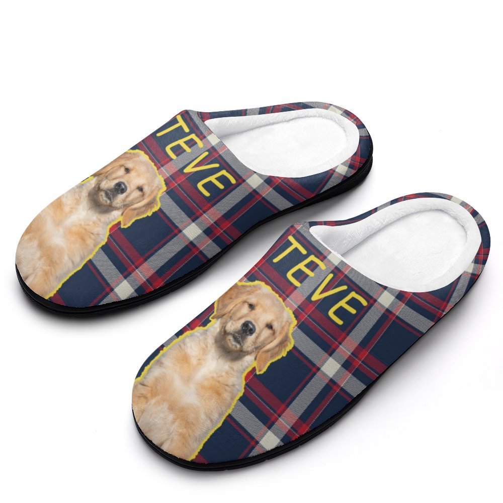 Custom Pet Face and Name Plaid Cotton Slippers