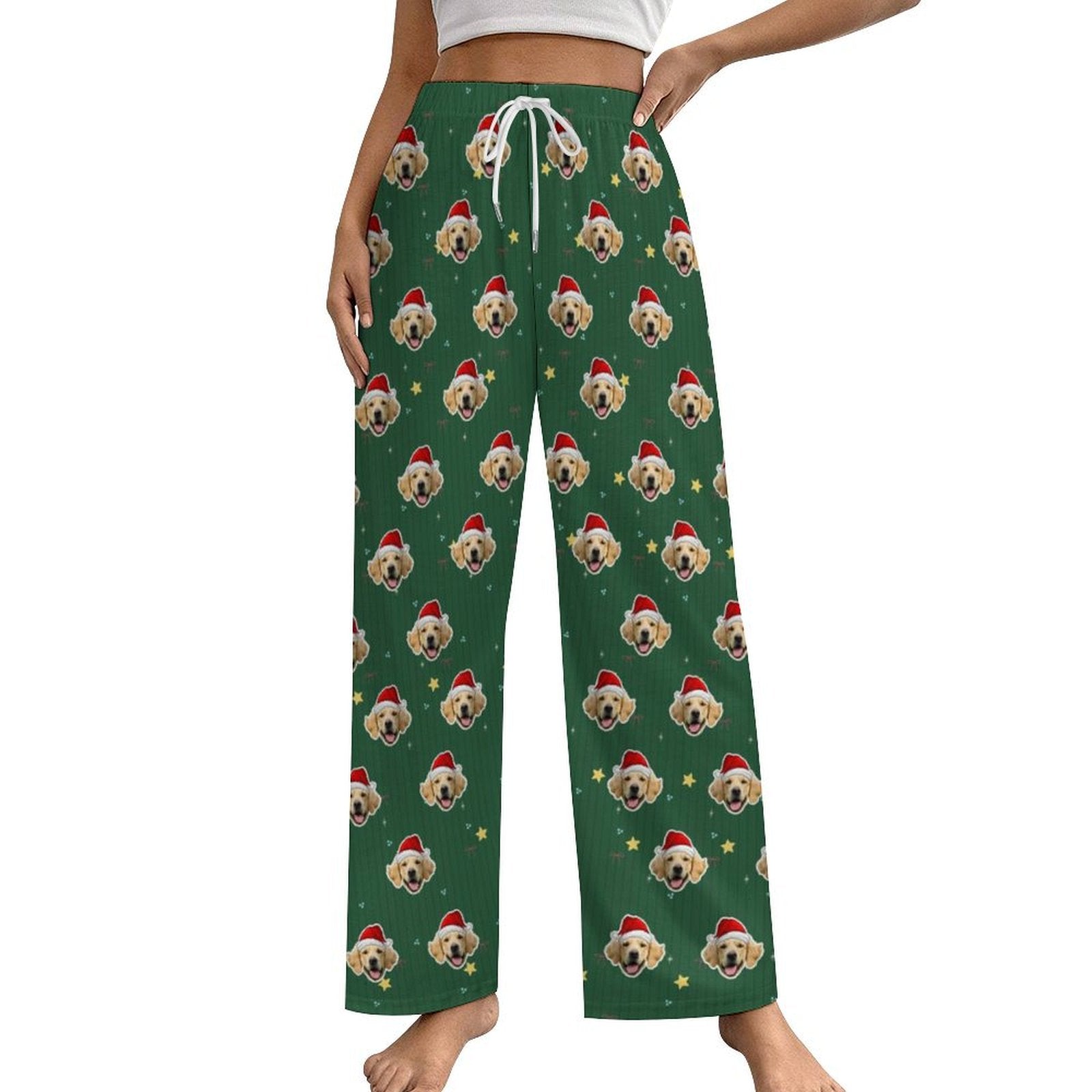 Custom Pet Face Green Stars Santa Pajama Pants-Style2 Women-WEPRINTME