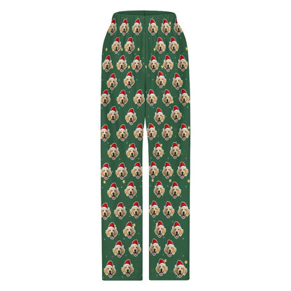 Custom Pet Face Green Stars Santa Pants for Kids-Front5-WEPRINTME