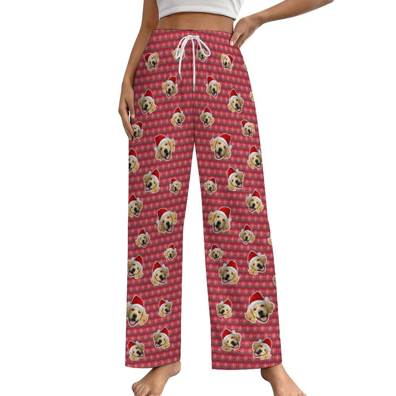 Custom Pet Face Everywhere Red Stripe Pajama Pants-Women-WEPRINTME