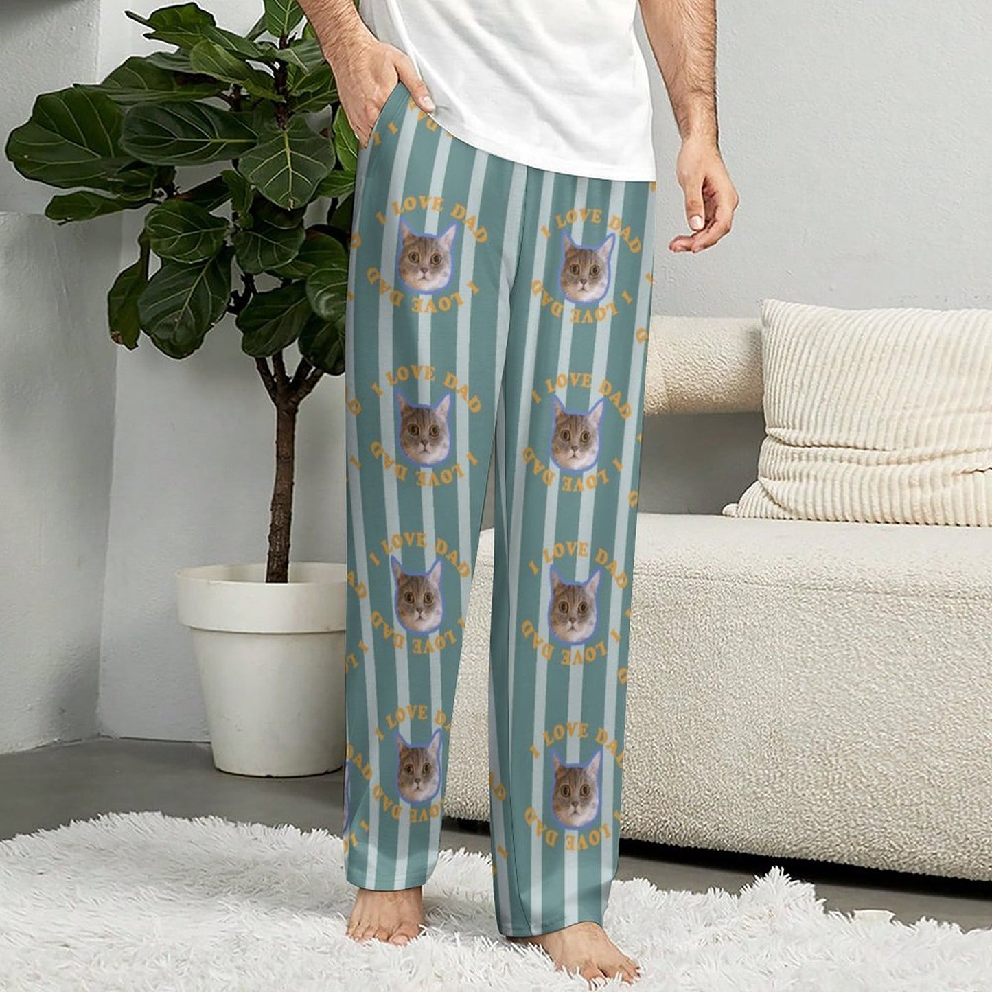 Personalized Pet Pants Face Love Dad Stripe  Unisex Pajama Pants