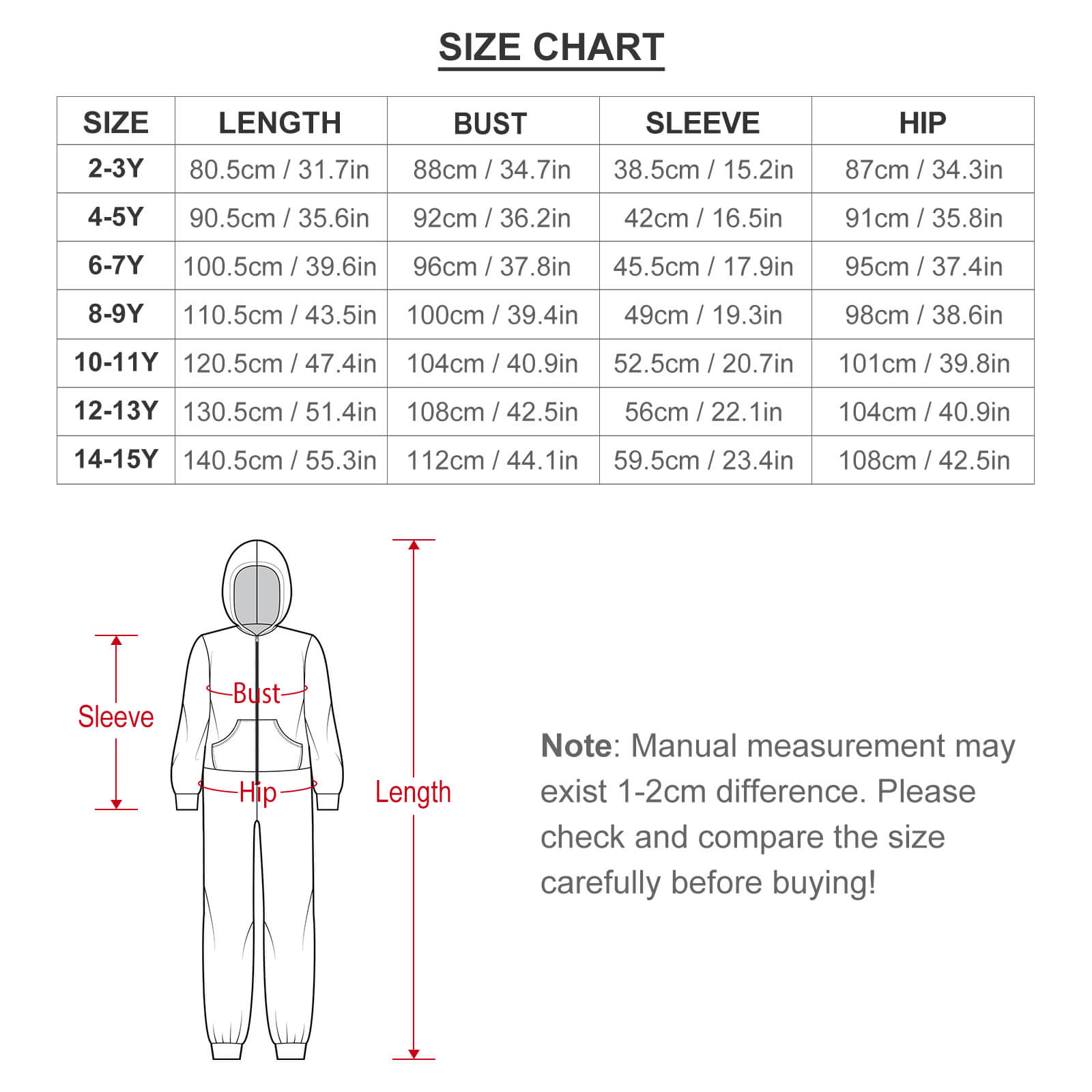 Custom Pet Face Kid's Flannel Onesies-Size Chart-WEPRINTME