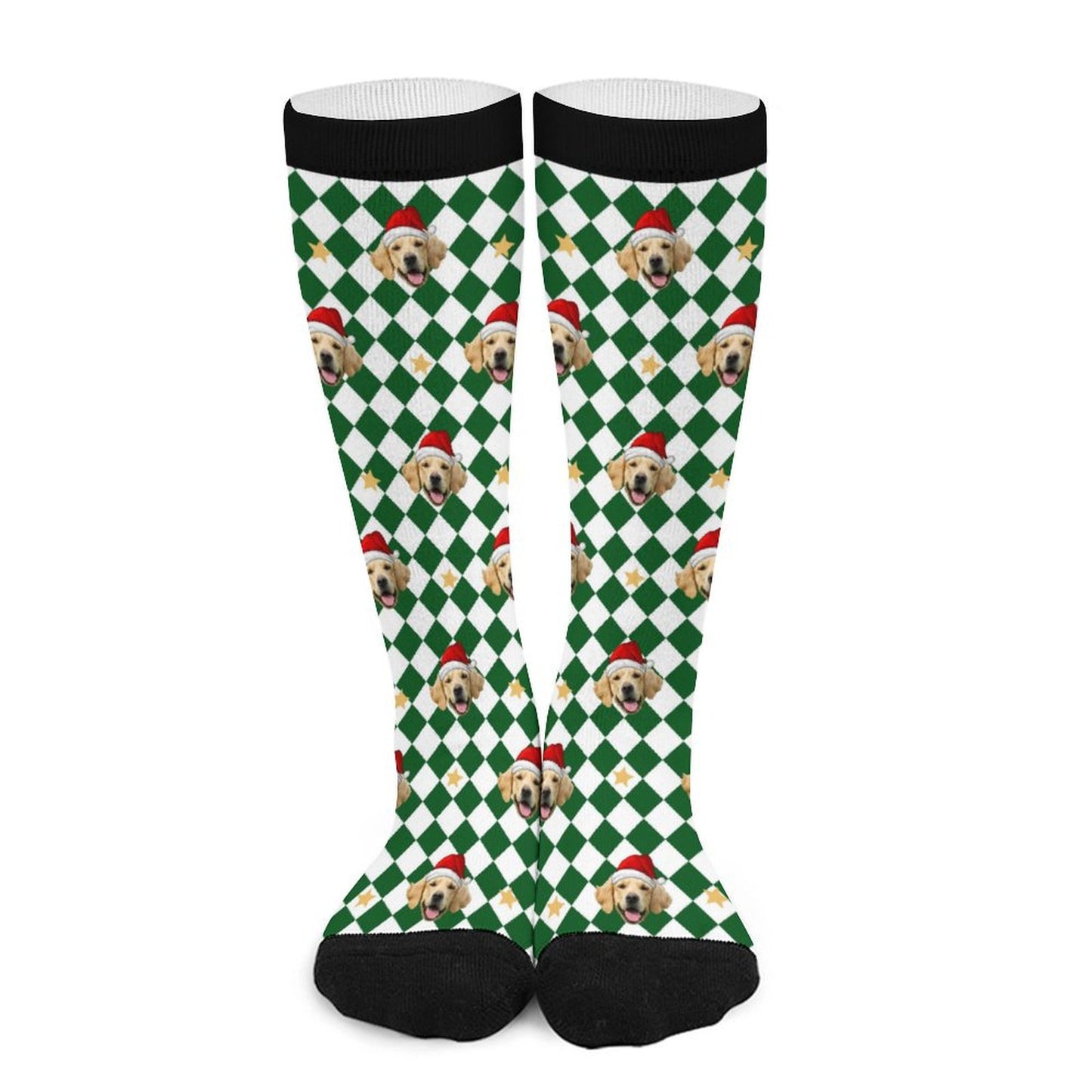 Custom Pet Face Green White Plaid Christmas Socks-WEPRINTME-4