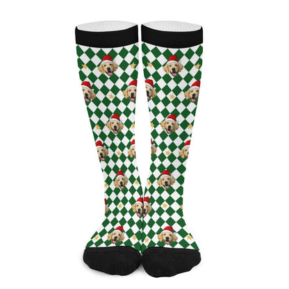 Custom Pet Face Green White Plaid Christmas Socks-WEPRINTME-4