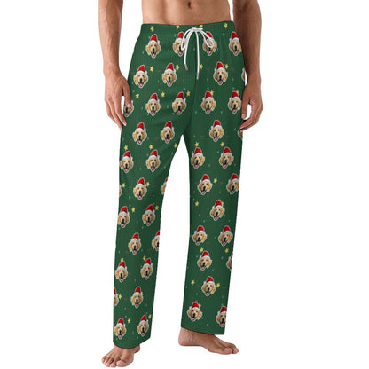 Custom Pet Face Green Stars Santa Pajama Pants-Style2 men-WEPRINTME