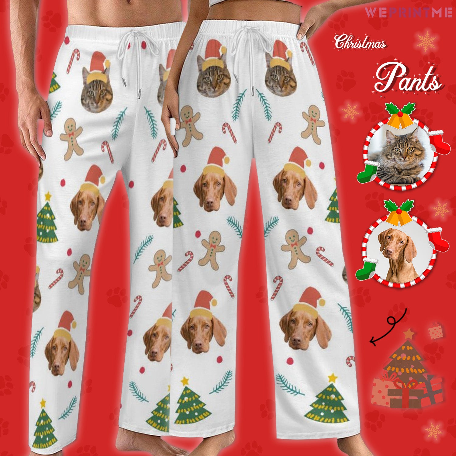 Custom Pet Face Gingerbread Man Pajama Pants - main - WEPRINTME