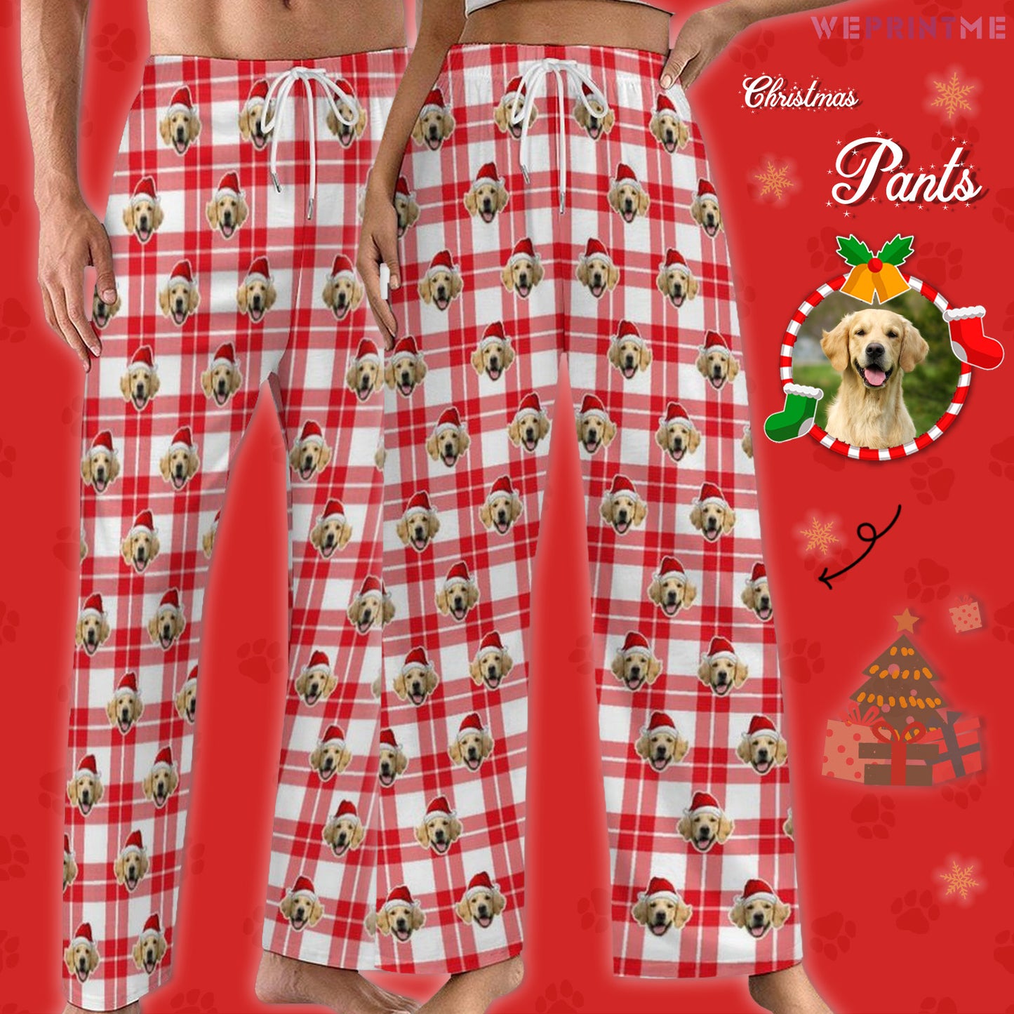 Custom Pet Face Red Plaid Xmas Pajama Pants-Style2 Main-WEPRINTME