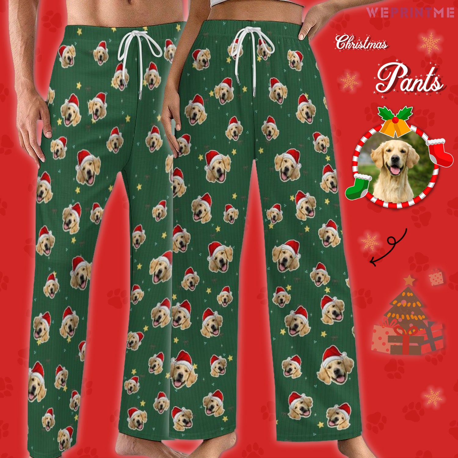 Custom Pet Face Green Stars Santa Pajama Pants-Style1 Main-WEPRINTME