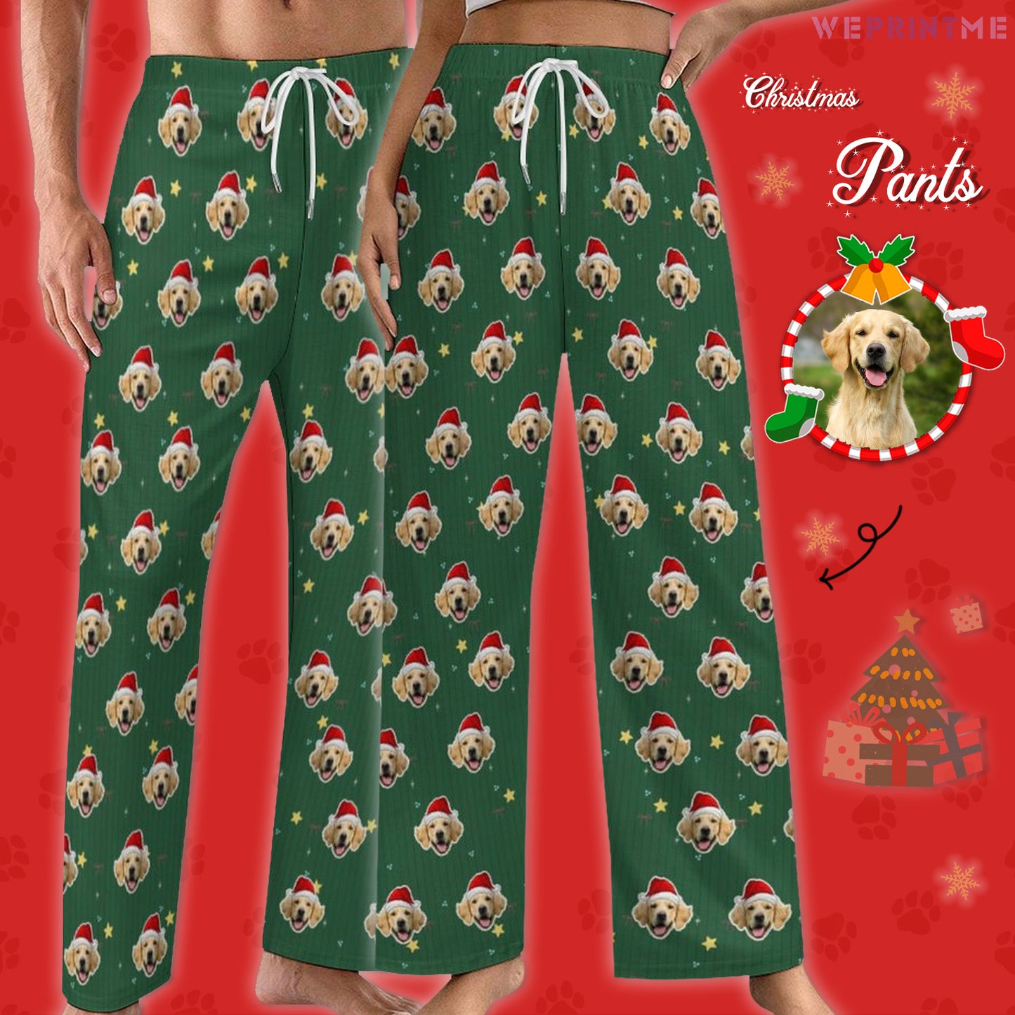 Custom Pet Face Green Stars Santa Pajama Pants-Style2 Main-WEPRINTME