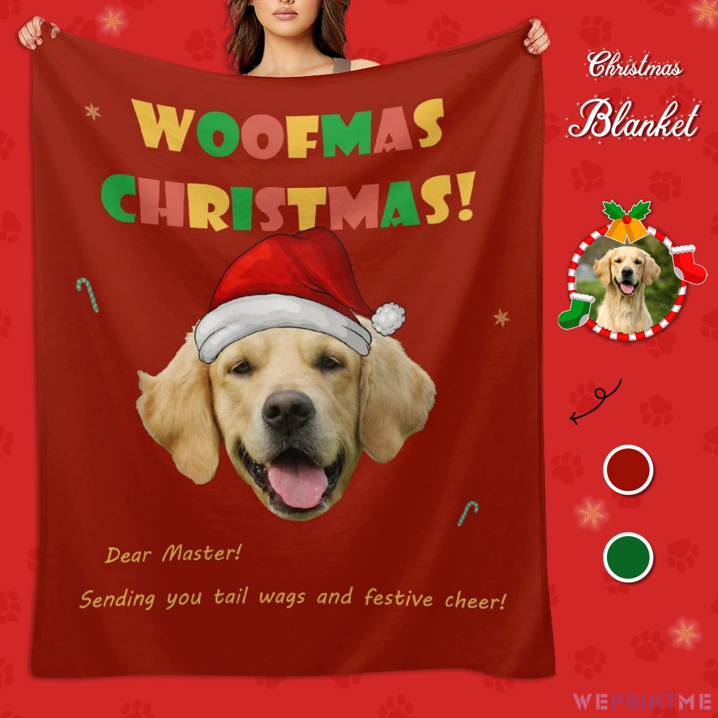 Custom Pet Face Woofmas Christmas Fleece Blanket-Red Main-WEPRINTME