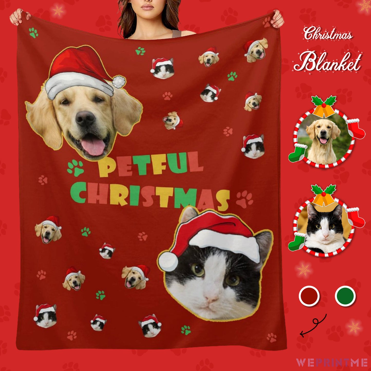 Custom Pet Face Petful Christmas Fleece Blanket-Red 1-WEPRINTME