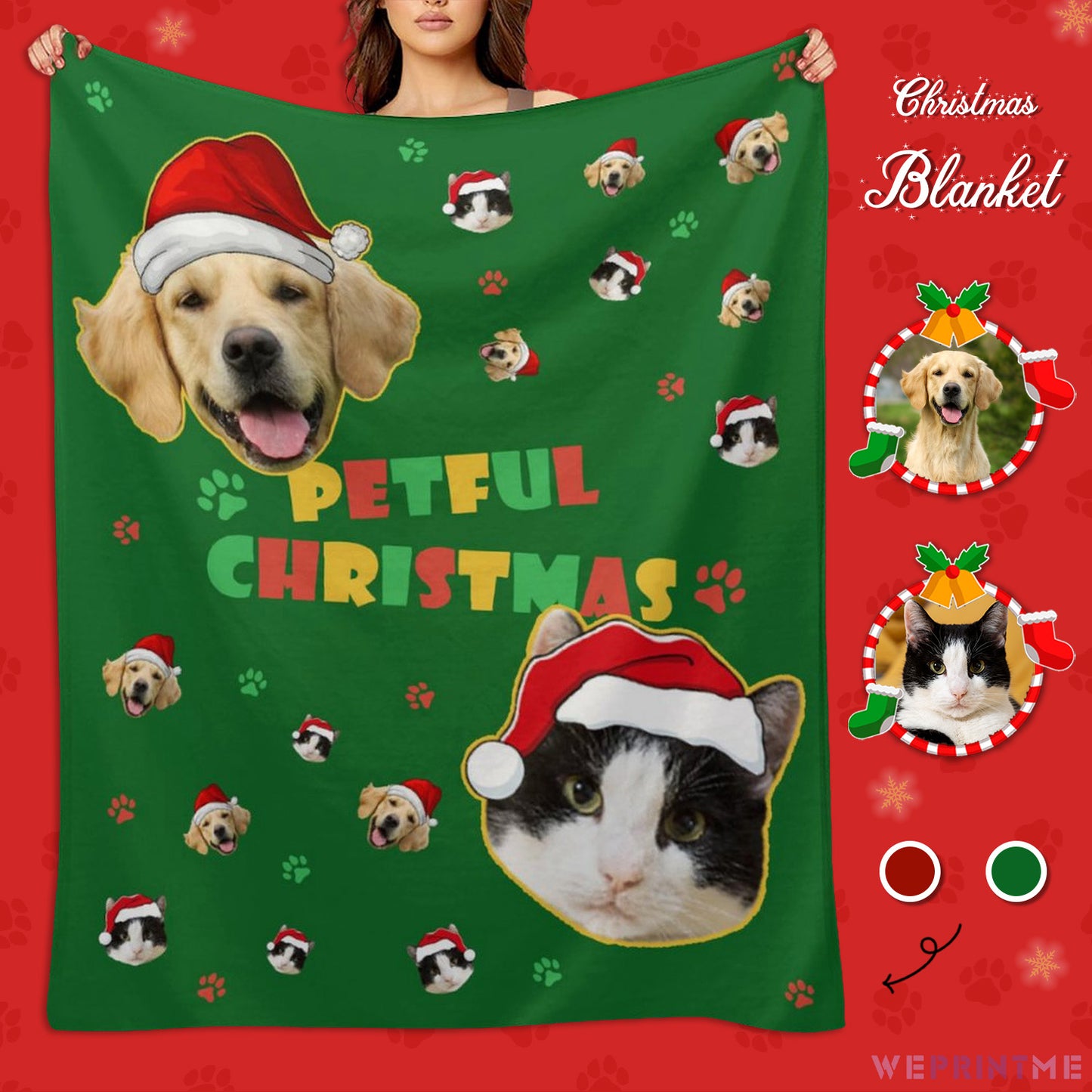 Custom Pet Face Petful Christmas Fleece Blanket-Green 1-WEPRINTME