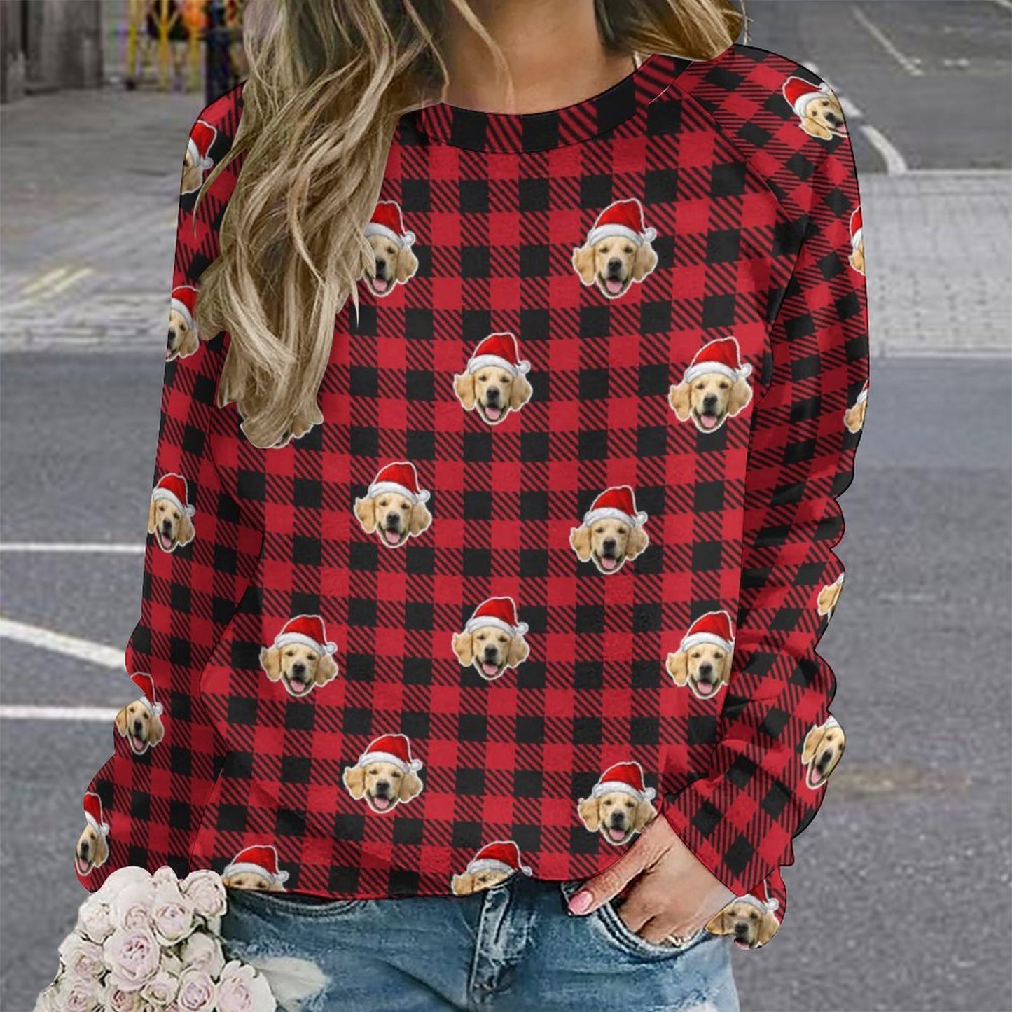 Custom Pet Face Pajamas Santa Red Plaid Women's Sweatshirt