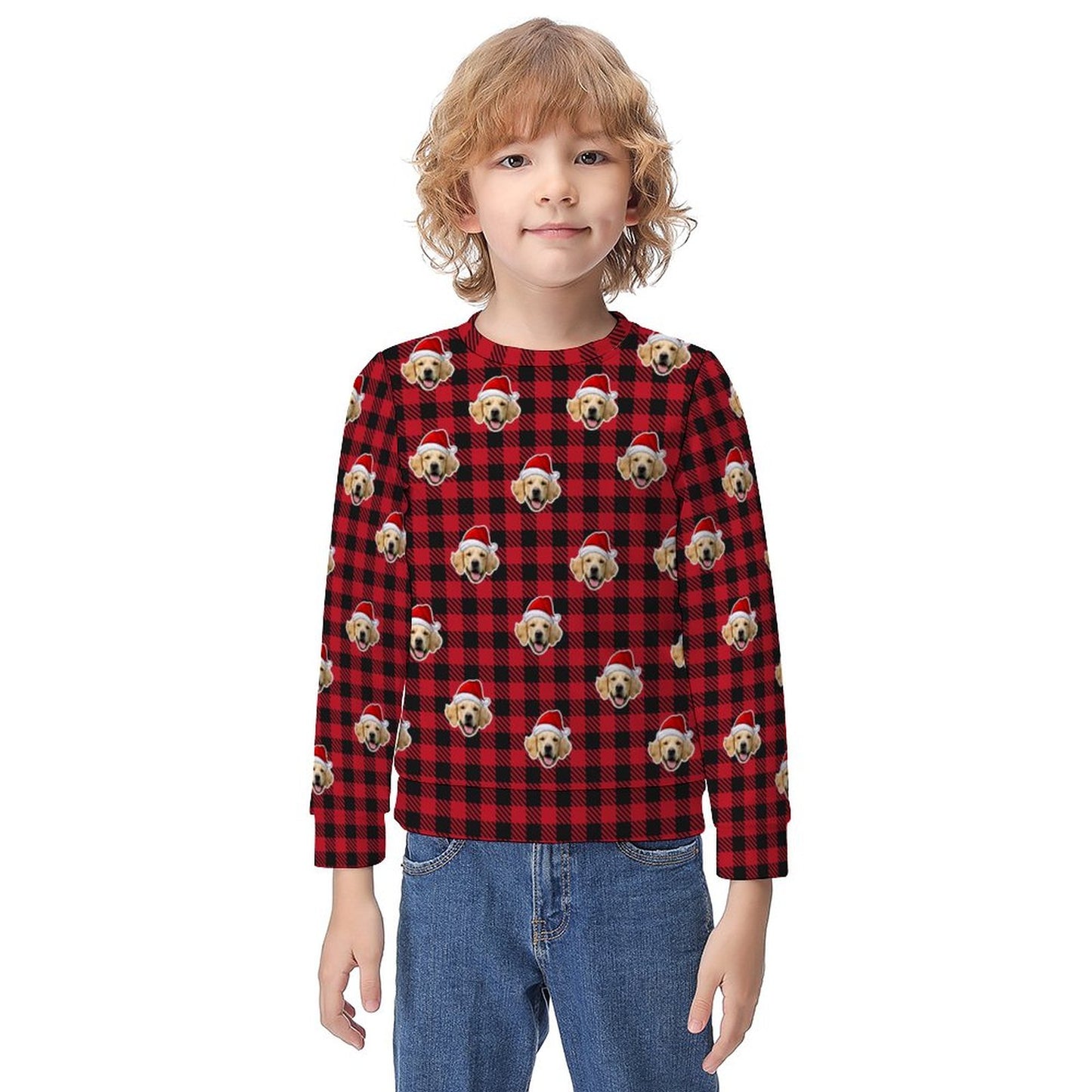 Custom Pet Face Sweatshirt Santa Red Plaid Kids Sweatshirt