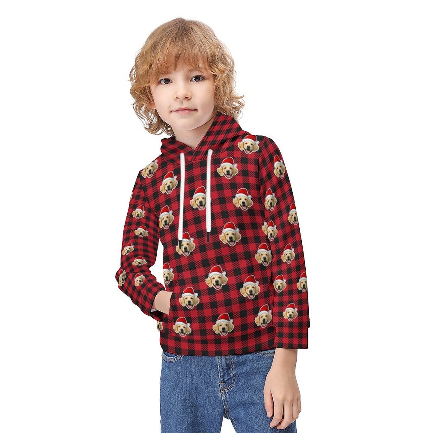 Custom Pet Face Hoodies Santa Red Plaid Hoodies For Kids