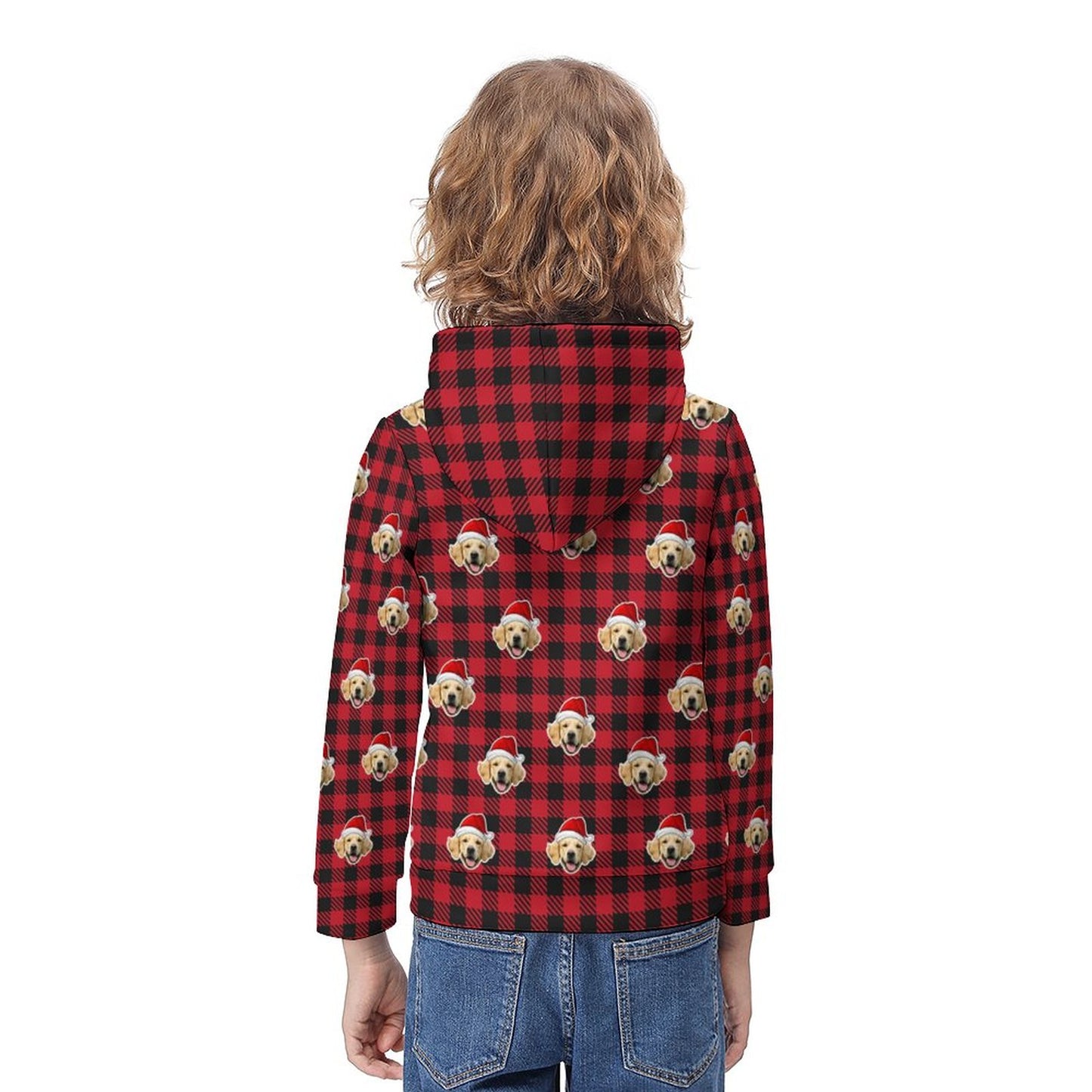 Custom Pet Face Hoodies Santa Red Plaid Hoodies For Kids