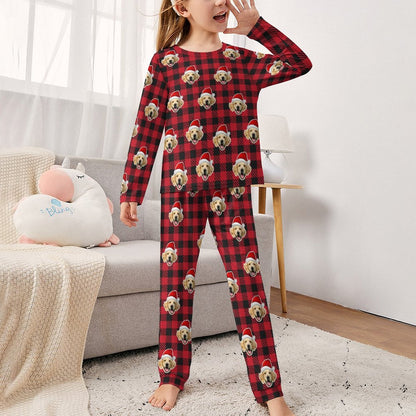 Custom Pet Face Pajamas Santa Red Plaid Kids Long Sleeve Pajama Set