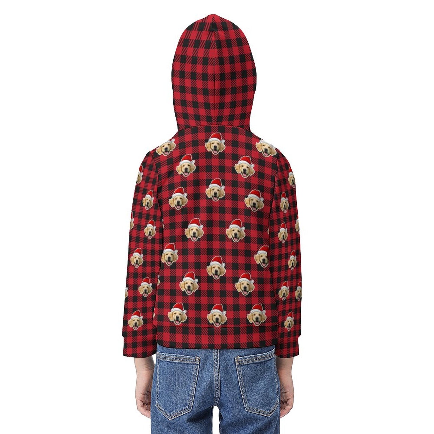 Custom Pet Face Hoodies Santa Red Plaid Hoodies For Kids