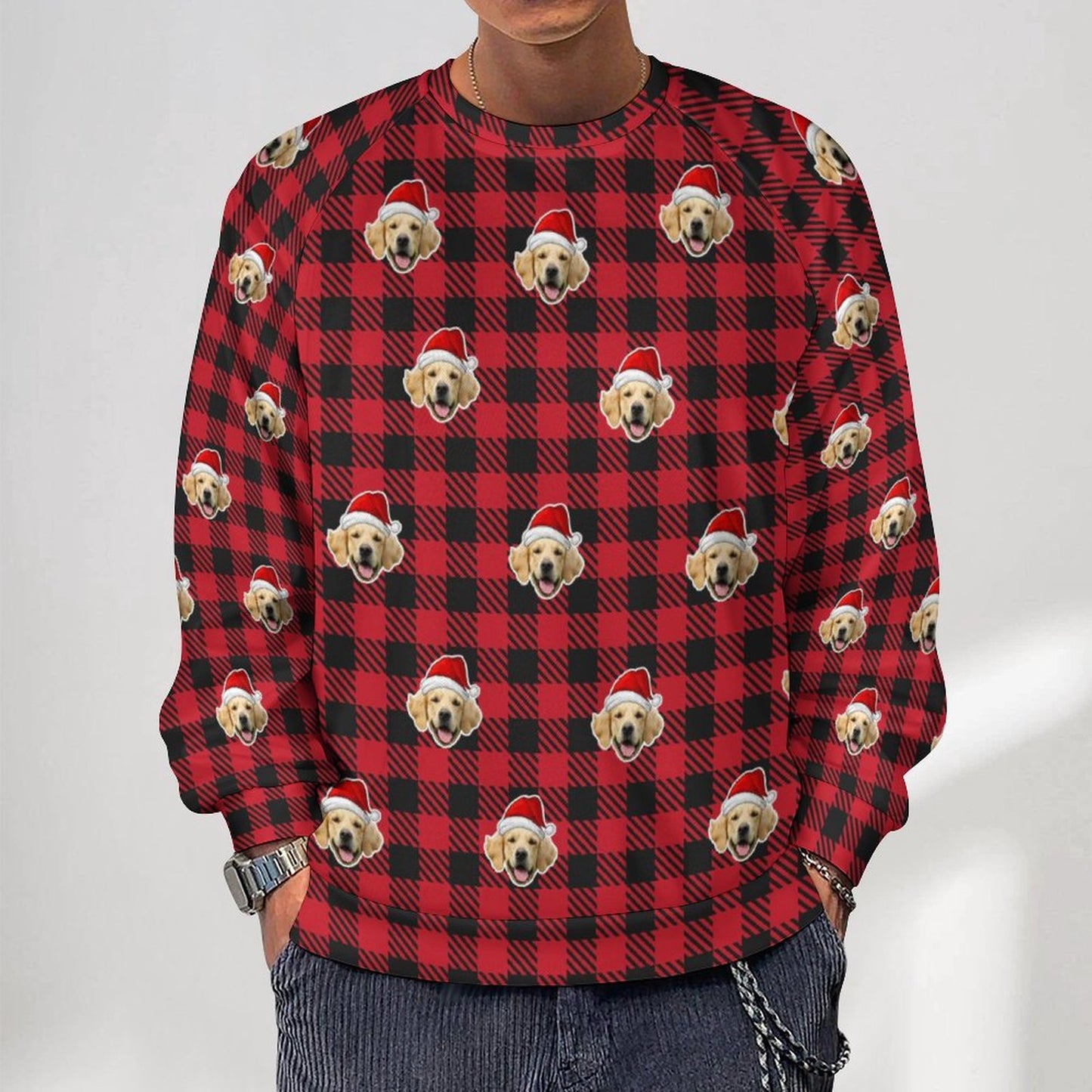 Custom Pet Face Sweatshirt Santa Red Plaid Men's Sweatshirt