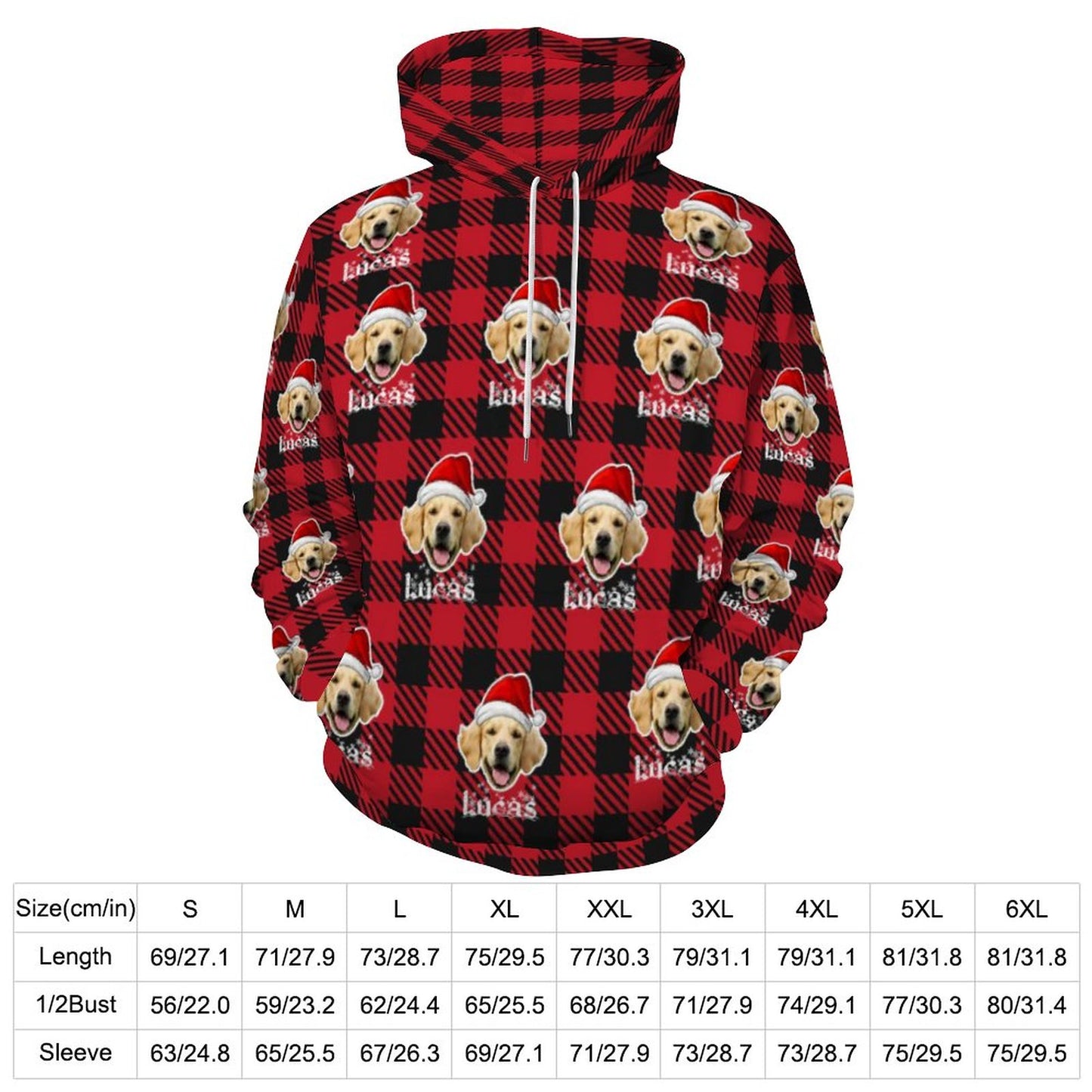 Custom Pet Face&Name Santa Hat Red Plaid Christmas Hoodies