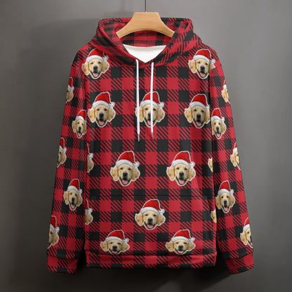 Custom Pet Face Hoodies Santa Red Plaid Hoodies