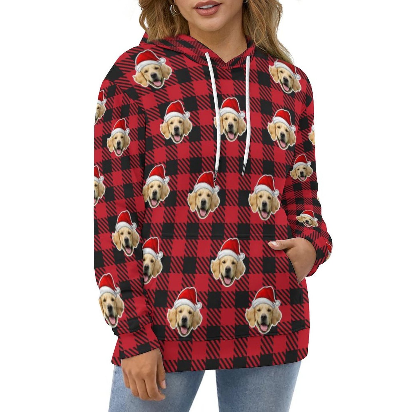 Custom Pet Face Hoodies Santa Red Plaid Hoodies