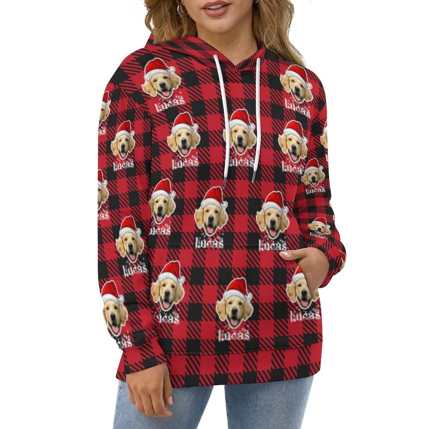 Custom Pet Face&Name Santa Hat Red Plaid Christmas Hoodies