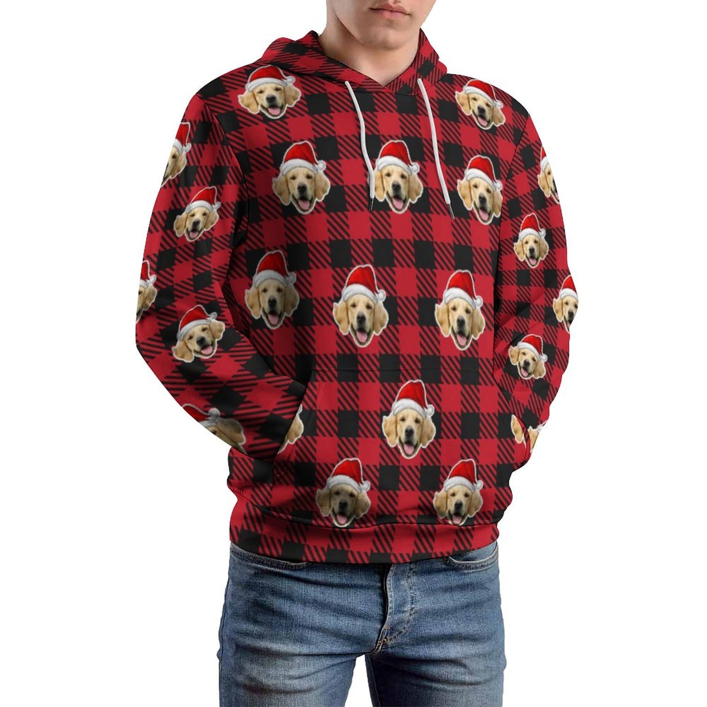 Custom Pet Face Hoodies Santa Red Plaid Hoodies