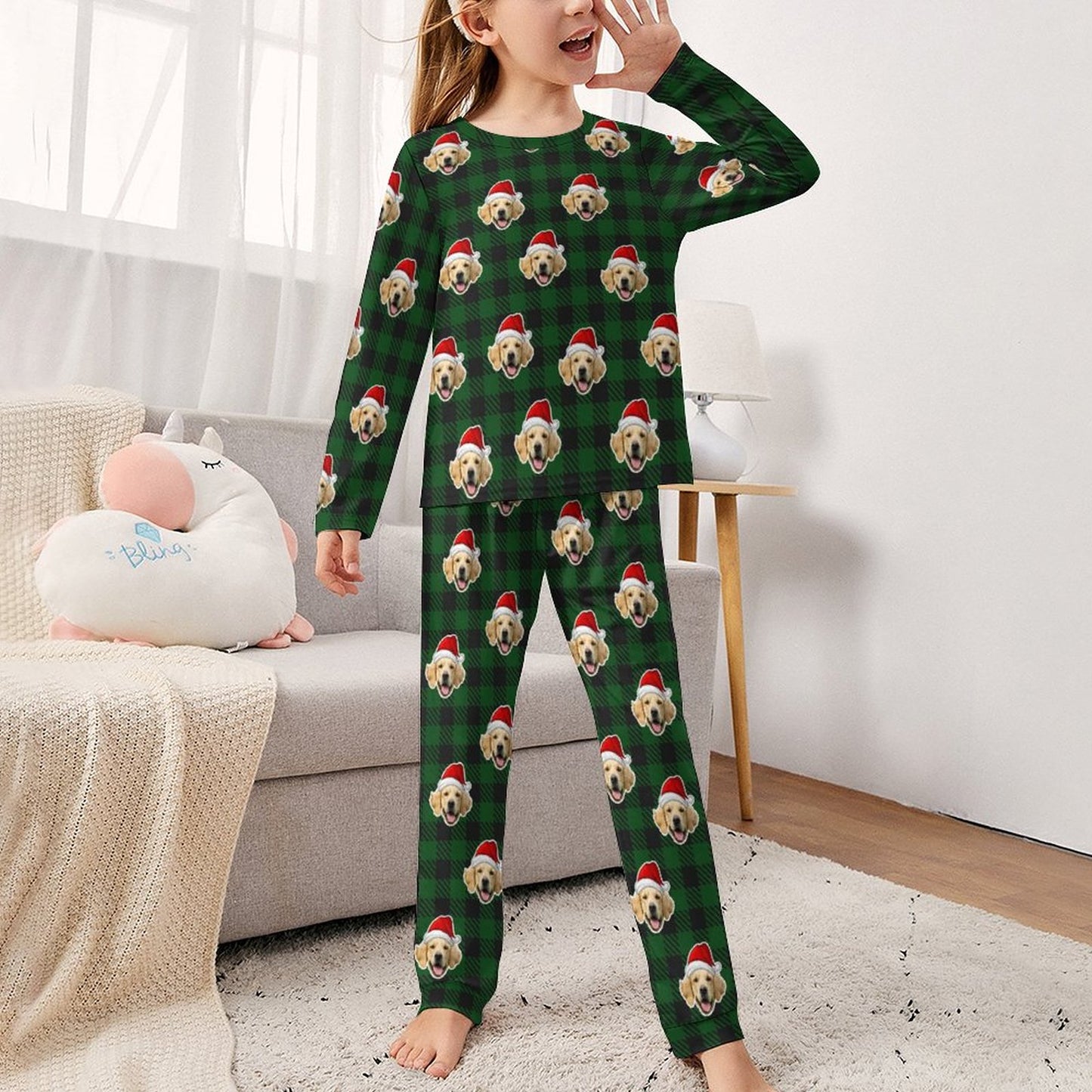 Custom Pet Face Pajamas Santa Red Plaid Kids Long Sleeve Pajama Set