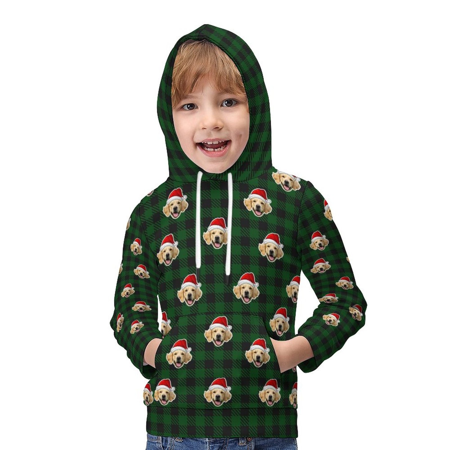 Custom Pet Face Hoodies Santa Red Plaid Hoodies For Kids