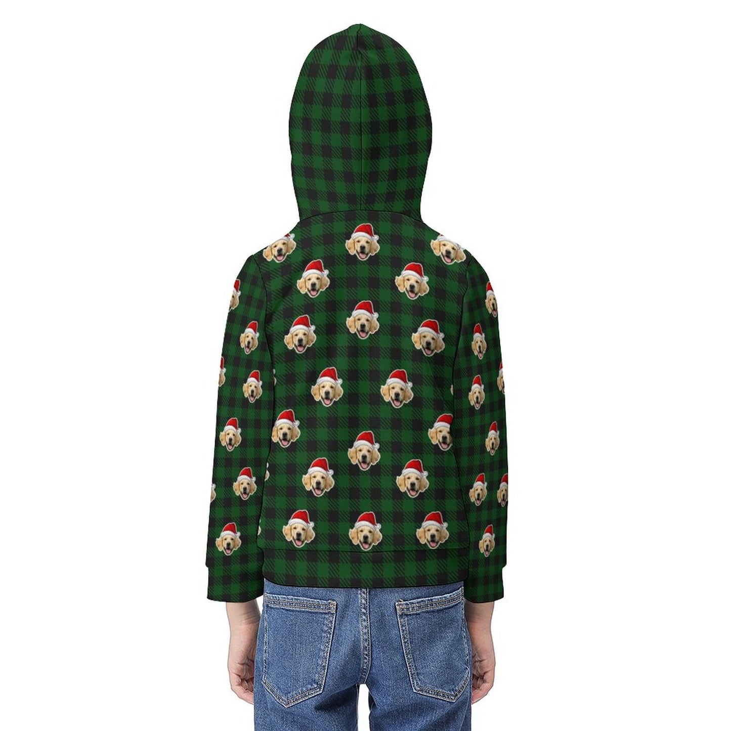 Custom Pet Face Hoodies Santa Red Plaid Hoodies For Kids