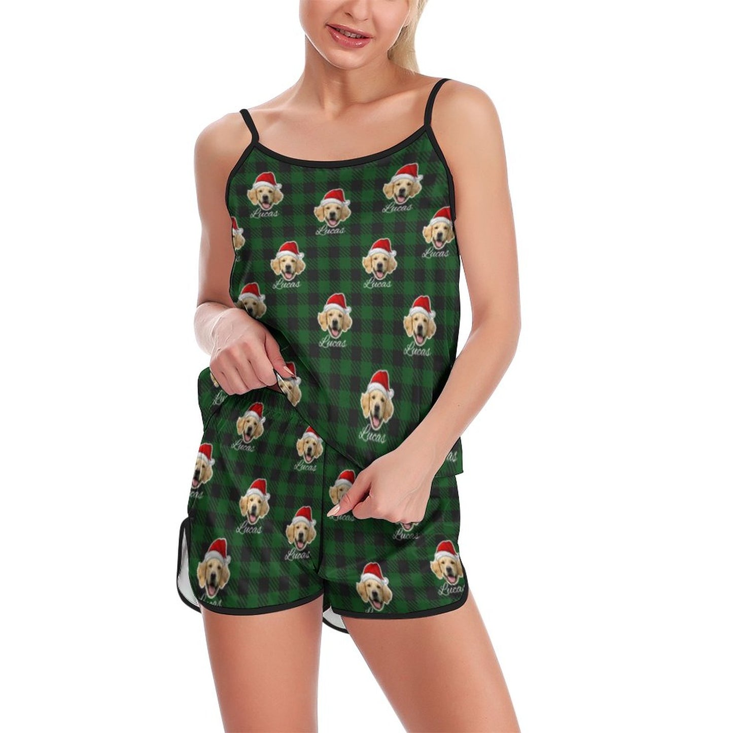 Custom Pet Face&Name Santa Hat Red Plaid Women's Cami Pajama Set