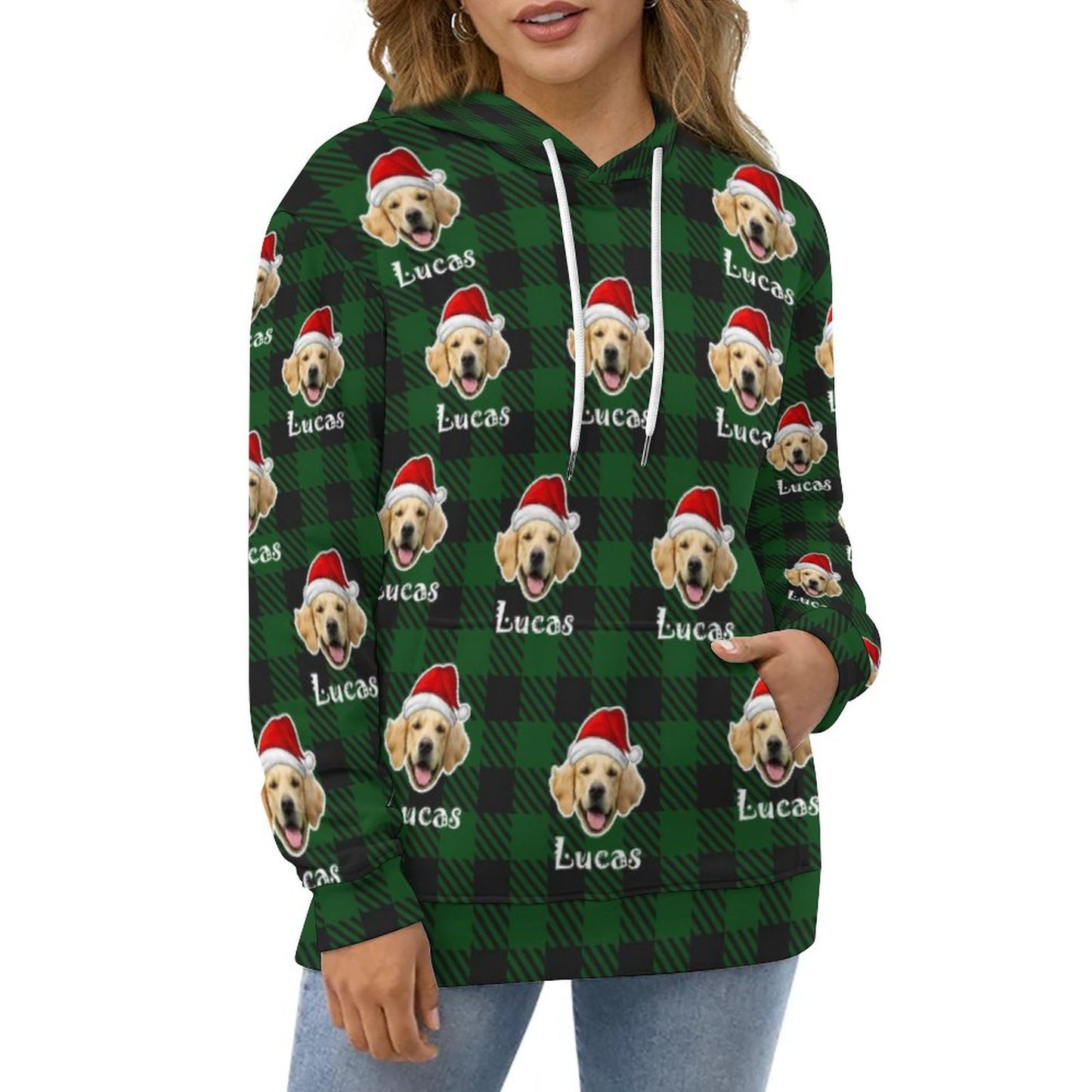 Custom Pet Face&Name Santa Hat Red Plaid Christmas Hoodies