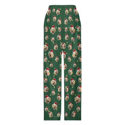 Custom Pet Face Green Stars Santa Pants for Kids-Back-WEPRINTME