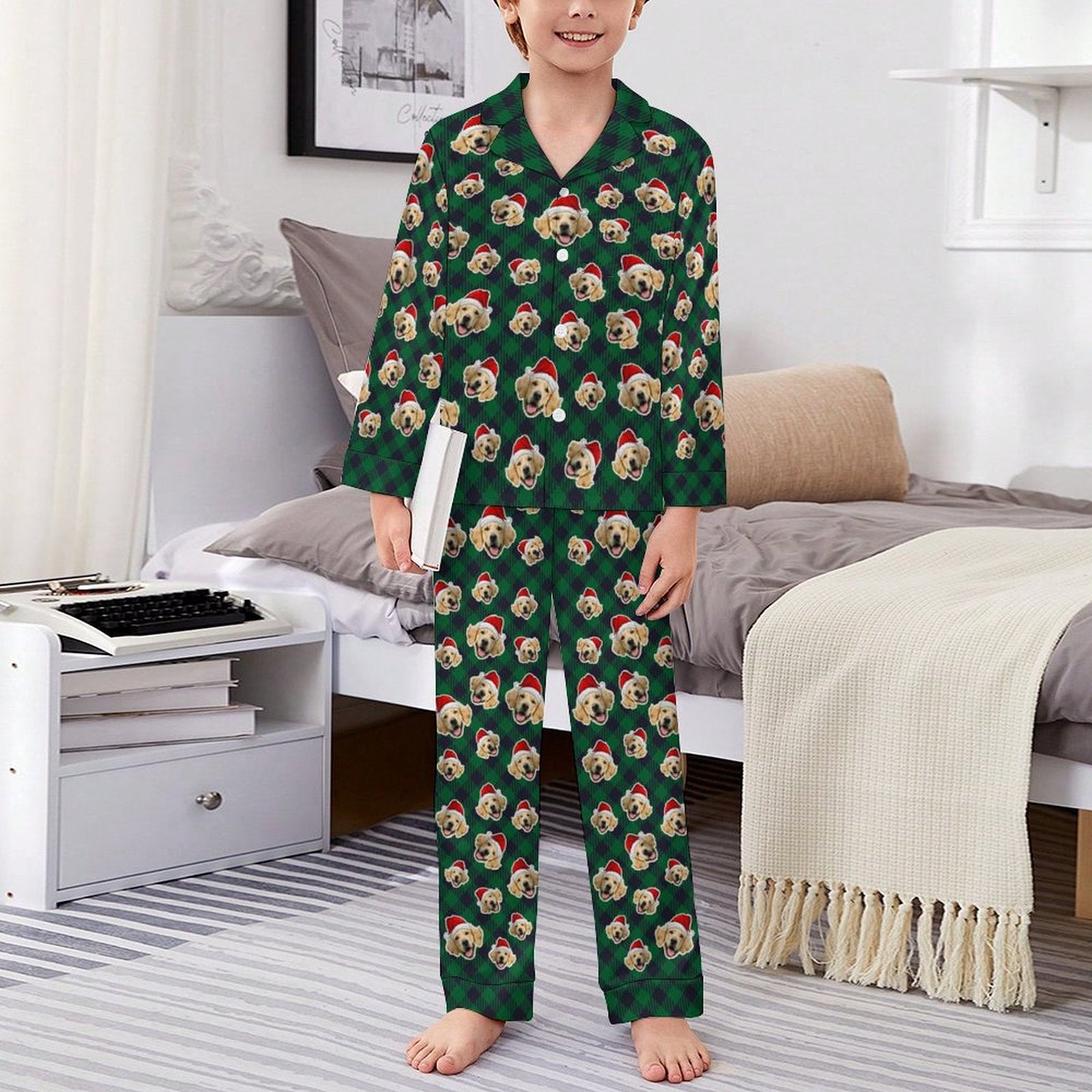 Custom Pet Face Everywhere Christmas Kids Pajamas-Green Plaid-Boy-WEPRINTME