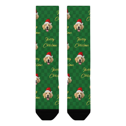 Custom Pet Face Green Plaid Christmas Socks-WEPRINTME-5