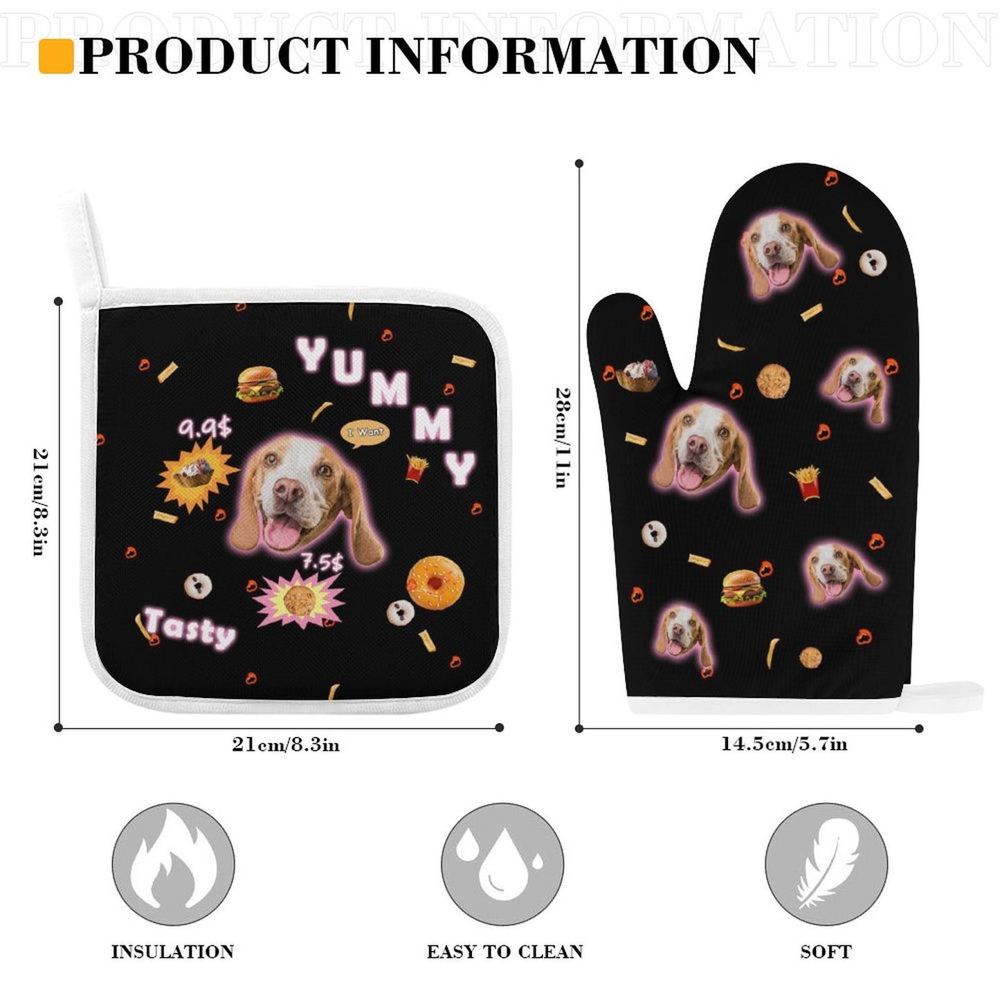 Custom Pet Face Tasty Oven Mitts and Pot Holders Sets