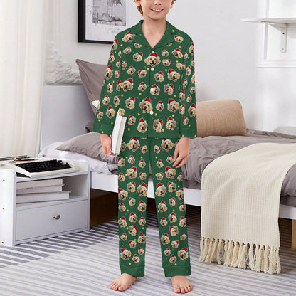 Custom Pet Face Everywhere Christmas Kids Pajamas-Green Stars-Boy-WEPRINTME