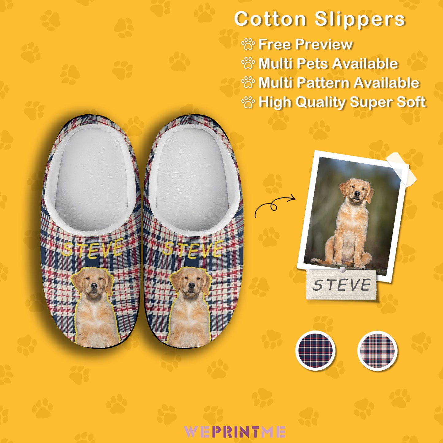 Custom Pet Face and Name Plaid Cotton Slippers