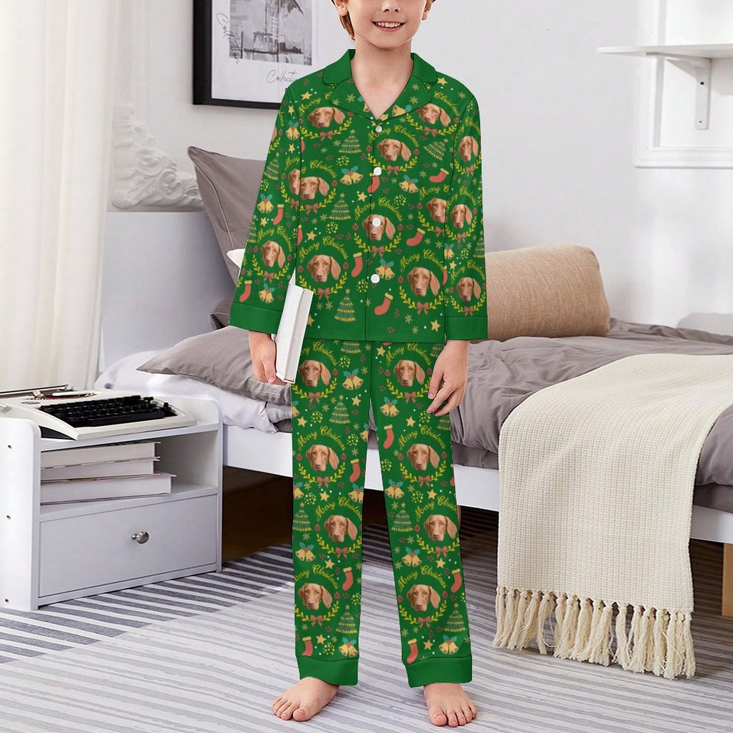 Custom Pet Face Wreath Kids Christmas Pajamas-Green Boy-WEPRINTME