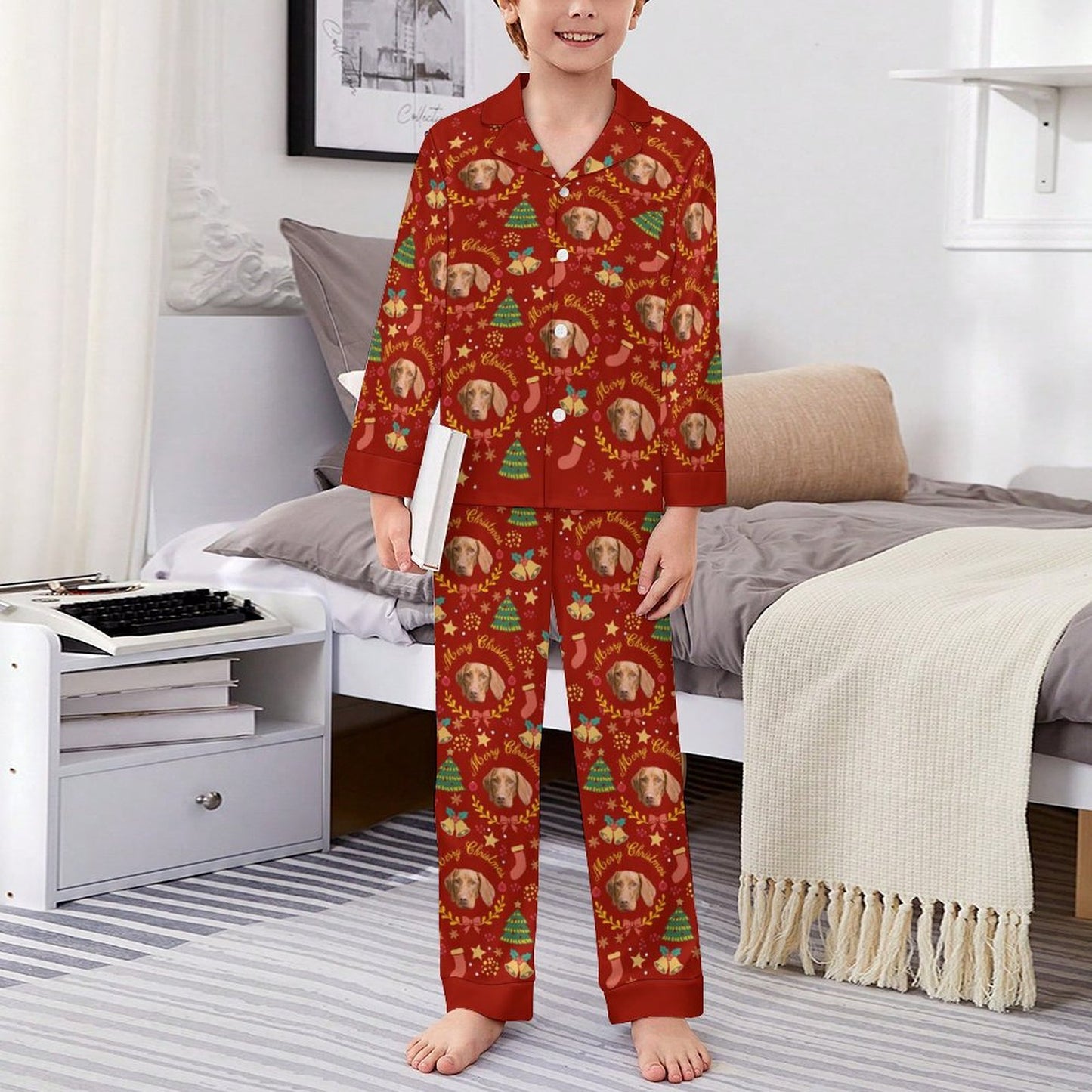 Custom Pet Face Wreath Kids Christmas Pajamas-Red Boy-WEPRINTME