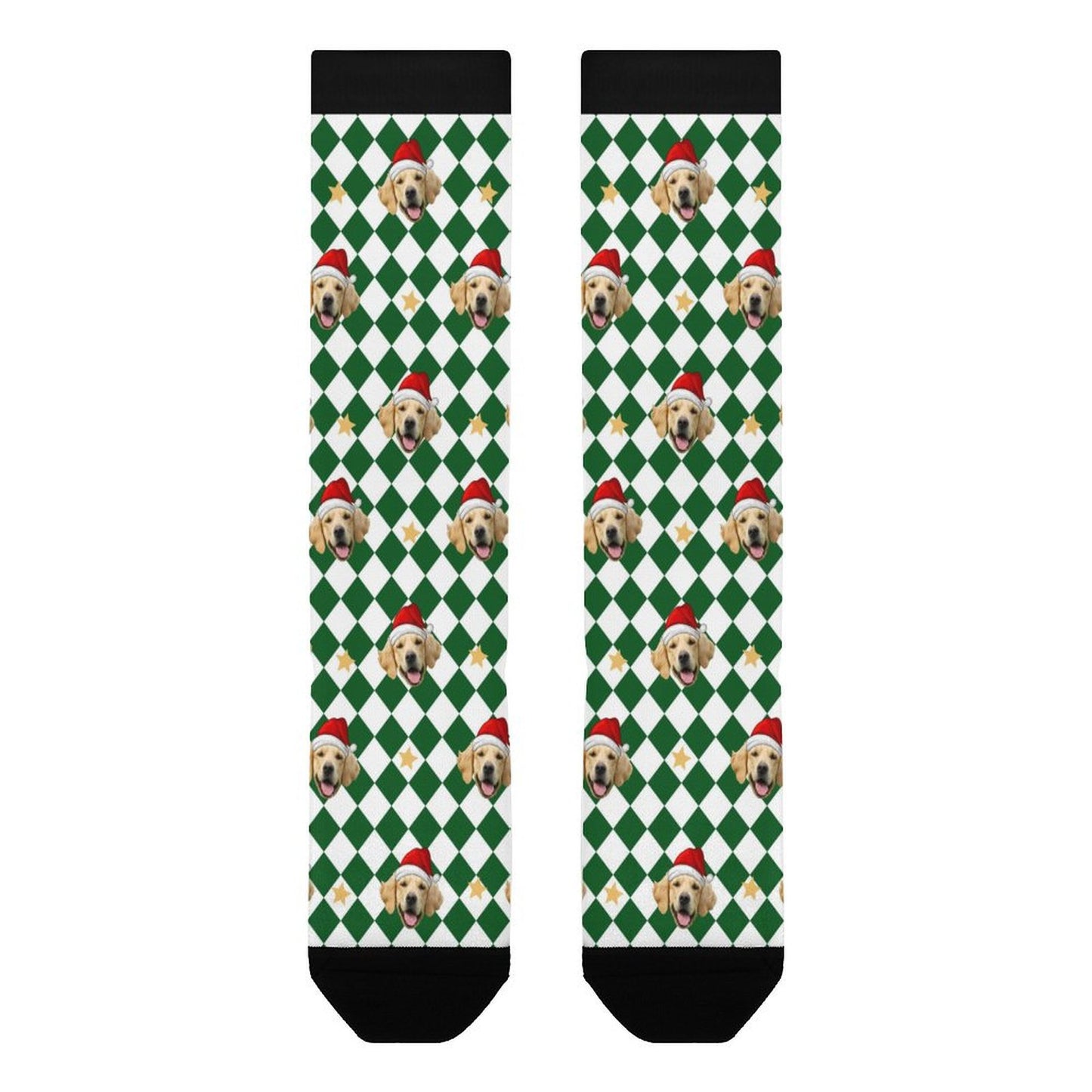 Custom Pet Face Green White Plaid Christmas Socks-WEPRINTME-5